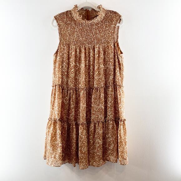 Taylor Smocked Tiered Printed Mini Dress Brown XL - Picture 2 of 8